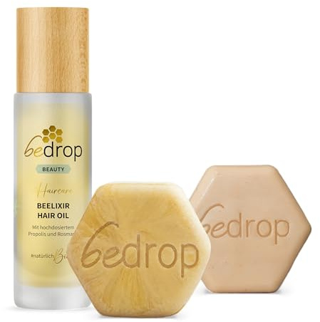 bedrop Hair Care Set | BEELIXIR Haaröl Hair Oil, Gelée Royale festes Shampoo, BEELIXIR fester Conditioner bei beanspruchtes Haar & Haarwachstum mit Rosmarinöl, Propolis & Manuka Honig