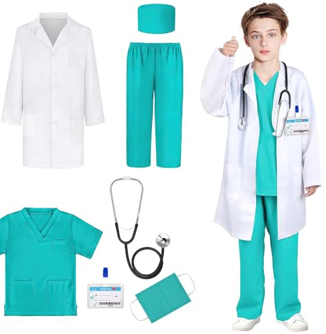 KBIBCK Arzt Kostüm Kinder, Arzt Rollenspiel Kinder, Arztkittel Kinders, Rollenspiel Kostüm Kinders Set mit Weißer Mantel, Stethoskop, OP-Hauben, Unisex Doktor Rollenspiels Zubehör für Halloween(130cm)