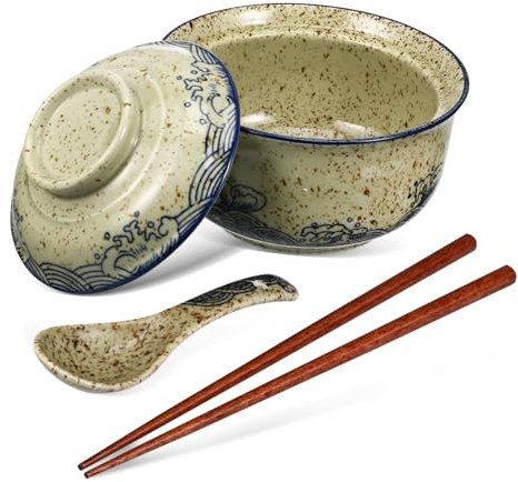 CONGARTENO Ciotole Per Ramen in Ceramica Ciotola Per Zuppa Con Coperchio Bacchette e Cucchiaio Inclusi Adatta Per Porzioni Generose e Mantenimento Della Temperatura