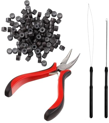 GIEEU Hair Extensions Kit, Hair Extension Pliers with Nano Beads, Professional Beads Hair Extensions Tool Kit, 200PCS Silicone Hair Extension Rings Bead for DIY Hair Styling