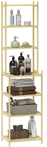 HOMCOM Mobile Scaffale Bagno a 7 Ripiani Portaoggetti, Scaffalatura per Doccia in Bambù, Mobile Contenitore Mensola Libreria per Soggiorno e Salotto, 44x33x180 cm, Color Legno