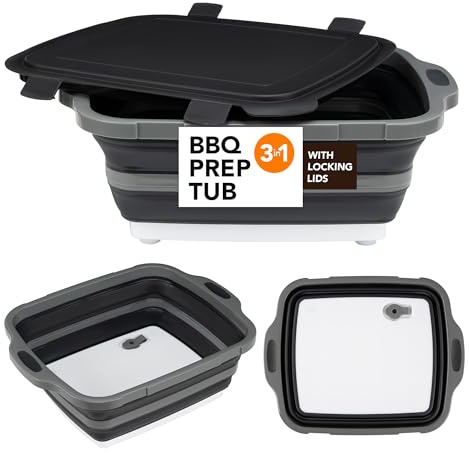 Collapsible Cutting Board(2.11 Gal/8L), BBQ Prep Tub with Locking Lid, Foldable Camping Sink with Colander, Multifunction Dish Basin for Kitchen, Bowl, Vegetable and Fruit, Storage Basket for Picnic