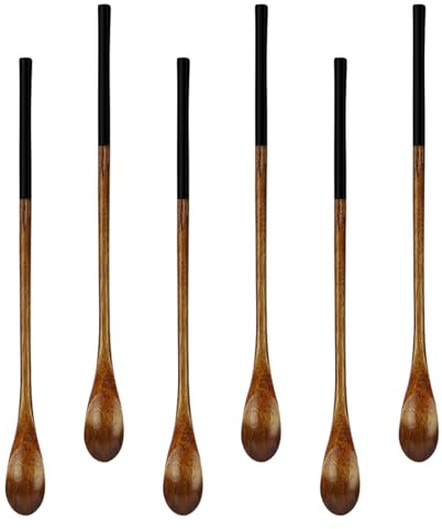 AOOSY 6 Pcs 9 Inch Wooden Coffee Spoons Long Handle, Natural Wood Honey Spoons with Rubber Grip Tip, Small Tea Spoons for Stirring, Reusable for Jam Ice Cream Batter Kitchen Utensil