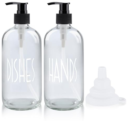 2 Pack Glass Soap Dispenser with Funnel, 470ml Refillable Liquid Dispenser with Black Pump, for Kitchen, Bathroom, Laundry Room - Ideal for Hand Soap, Lotion & Dish Liquid (Transparent)