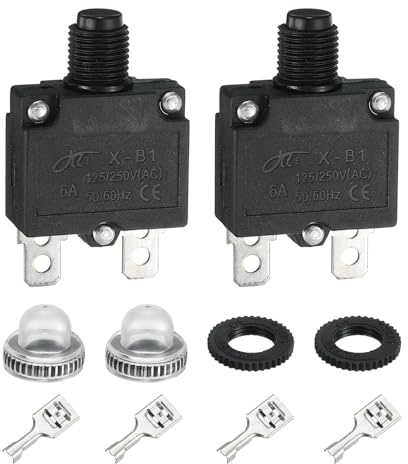 sourcing map Lot de 2 disjoncteurs thermiques 6 A, 125/250 V AC, 32 V CC à réinitialisation manuelle avec boutons poussoirs étanches, connecteurs rapides