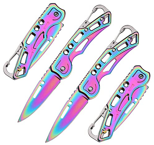 WWZJ 2 Pack Pocket Knife (Multicolored Titanium) with Key Ring Easy to Everyday Carry, Folding Knife Self-Defense