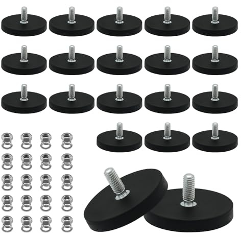 Strong Rubber Coated Mounting Magnets, 20PCS Anti-Scratch Neodymium Magnet Base Mount with M6 Male Threaded Stud and Nuts for Lighting Bar Camera Automobile Cabinet (43mm M6)