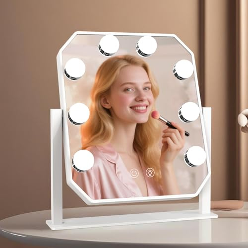 Aourow Hollywood Espejo con 8 Luces LED – Giratorio 360°, 3 Temperaturas de Color Ajustables (3000 K/4000 K/6000 K) Espejo de Tocador, Control Táctil, Regulable, Tipo C Plug in Espejo Cosmético