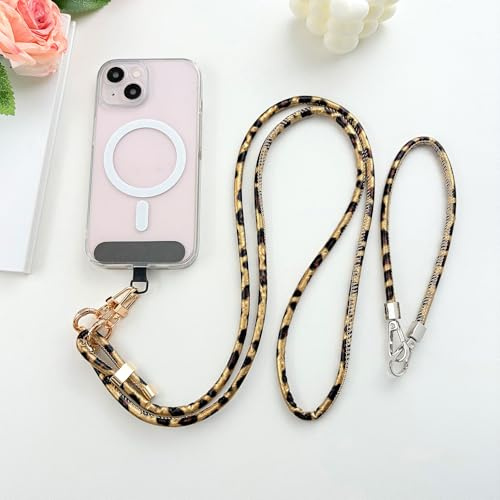 Reownest Handykette Universal zum Umhängen, Handy-Halsband mit 2 Patches, Leder Handy Lanyard mit Leopardenmuster, Handy-Handgelenkband Kompatibel mit den meisten Smartphones, Gold