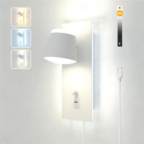 Sytmhoe 3CCT Wandlampe mit Stecker Kabel Dimmbar Schalter USB-C 25W 2000LM | 3000K 4500K 6000K for leseleuchte, zwei Ladeanschlüsse direkt an der lampe, für kleines Zimmer, schlafzimmer ohne nachttisch