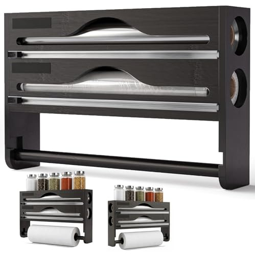 Portarrollos Cocina Pared Madera, Dispensador Papel Aluminio y Film 3 en 1 | Soporte Rollo Cocina, Organizador Pared 3 en 1, con Cortadores para Papel Aluminio, Film y Rollo Cocina, Ahorra Espacio