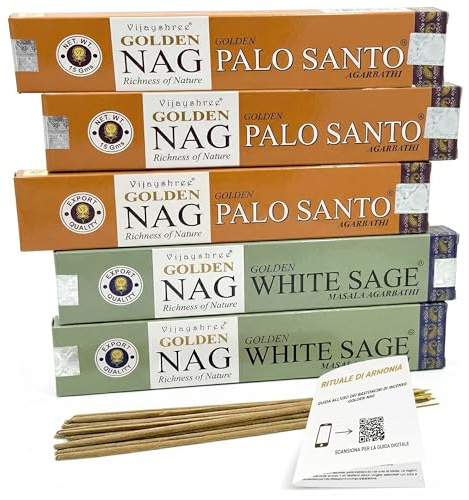 Golden Nag Incensi Palo Santo & Salvia Bianca – Set Purificazione Spirituale – 5 Confezioni x 15g (3 Palo Santo + 2 Salvia Bianca) – Guida Digitale inclusa - Incenso Naturale per Meditazione, Yoga