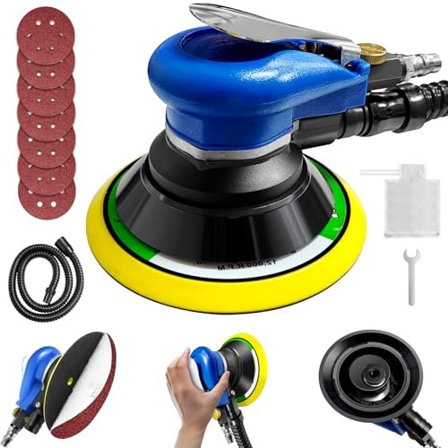 6 Air Random Orbital Sander Dual Action Pneumatic Palm Sander with Speed Regulation with 7 Pcs of Sand Paper, Speed Regulation, Dust Collection Hose & Bag, Air Orbit Polisher for Woodworking/Sanding