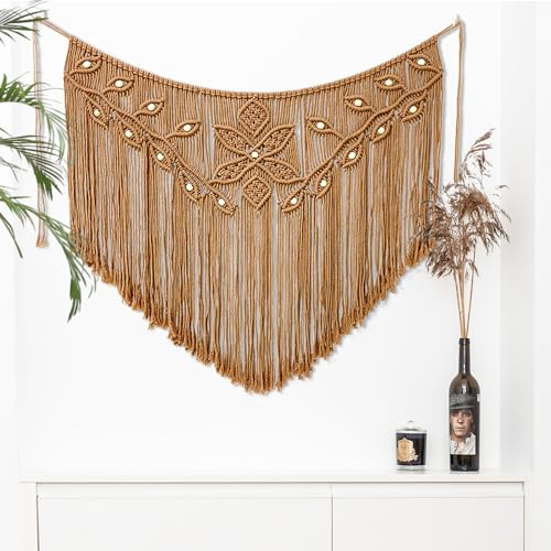 Youngeast Home Decor Leaf Shape Macrame Wall Hanging Woven Tapestry Bedroom Curtain Fringe Garland Banner Living Room Wall Decor Brown 39X31 inches