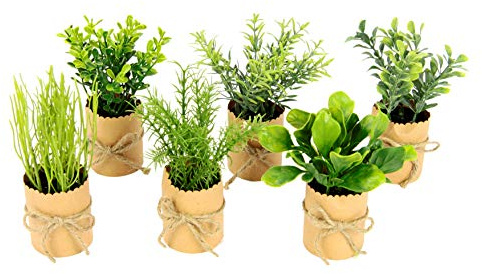 Künstliches mini Kräuter Sortiment im Papiertopf Pflanzen Kunstpflanzen Eukalyptus Rosmarin Spinat Thymian Basilikum Lauch Schittlauch Gartenkräuter Deko für Küche Wohnzimmer 6er Set, 12x8x8cm