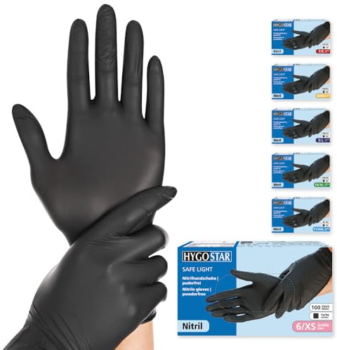 FRANZ MENSCH 100 Stück Nitrilhandschuhe, XS, schwarz, puderfrei | Safe Light, reißfest, latexfrei, 24 cm, Einweghandschuhe, Einmalhandschuhe, disposable gloves, Hygiene, Pflege, Reinigung