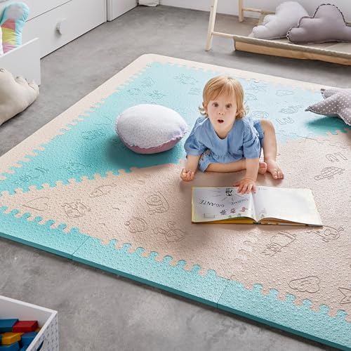 LuBabymats Puzzlematte für Babys aus Schaumstoff (Eva), extra gepolsterter Boden für Kinder, Mint und Beige