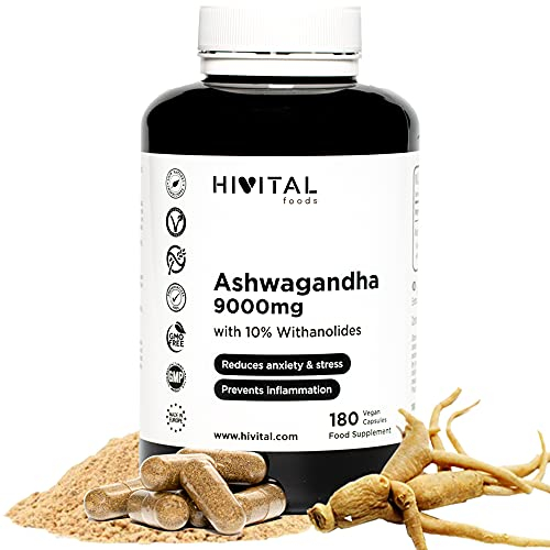 Ashwagandha 9000 mg. 180 cápsulas veganas para 6 meses de tratamiento. Extracto Natural de Withania Somnifera con 10% Withanólidos. Ginseng Indio. Máxima absorción. Fabricado en España por HIVITAL