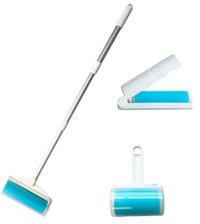 SUZZYVINE Tierhaarentferner mit langem Griff, wiederverwendbare Fusselrolle für Katzen und Hunde, wiederverwendbar (1 langer Griff, 1 breite Rolle plus 1 mittlere Rolle + 1 Reiserolle)