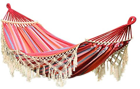 Outdoor Camping Hängematte mit Quasten, Doppel Hängematten aus Leinwand Baumwolle Hängeschaukel Tragbare mit Zugseilen und S-Haken, 150kg Traglast, Hammock für Indoor Garten Reisen Pink Stripes