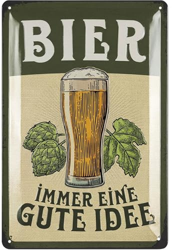 LANOLU Retro Blechschild BIER IST IMMER EINE GUTE IDEE, lustiges Sprüche Metallschild, Geschenk für Bierliebhaber und Männer - Bar, Kneipen, Partykeller Dekoration aus Metall, 20x30 cm