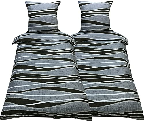Leonado Vicenti Bettwäsche 4teilig Mikrofaser Seersucker 135x200 cm Bezug 80x80 Kissen Schwarz Grau Wellen mit Reißverschluss