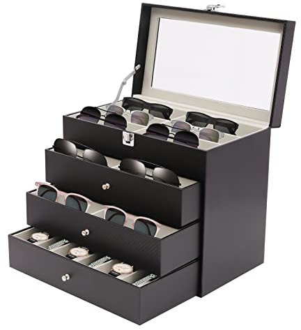 Bazargame 4 Ebene Brillenbox 24 Brillen Sonnenbrillen Aufbewahrungsbox Brillen Lagerung Box Sonnenbrille Gläser Display Brillenaufbewahrung Schwarz