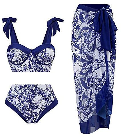 TOKYMOON Damen Bikini Set Rüschen V Ausschnitt High Waist Bikinis Bauchweg Bademode Vintage Blumenmuster Sexy Badeanzug 3 Teilig Damen Retro Schwimmanzug Strandkleid Bikini Blaue Blume L