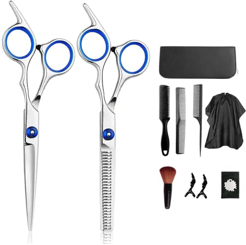 Friseurschere Set, Profi Haarschneideset mit Effilierschere, Kamm, Umhang, Clips, Edelstahl Haarschere für Damen Herren