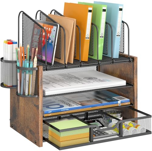 DAOUTIME 4-Tier Mesh Desk Organizer, Wooden Desk File Organizer with 5 Vertical File Holders and 2 Pen Holders, Desktop Organizers and Accessories with Drawer for Home Office