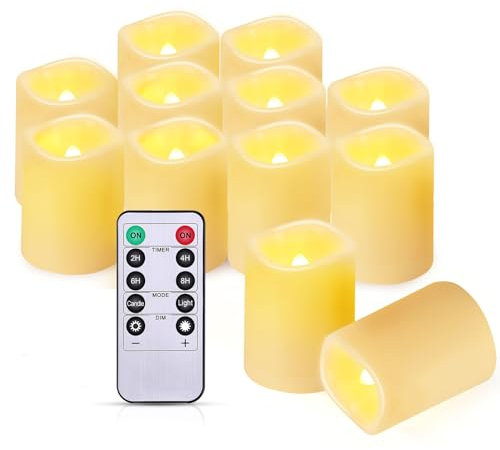IMAGE Flammenlose Votivkerzen, 12 Pcs 38 x 55 mm flackernde 3D Dochte batteriebetriebene Kerzen, lang anhaltende LED Teelichter mit Fernbedienung Timer für Weihnachten Hochzeit Home Decor, Warm Gelb
