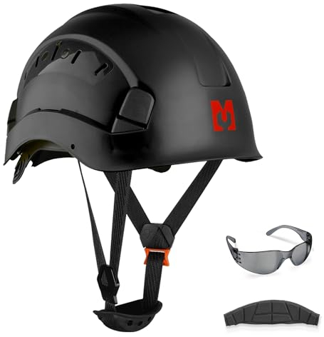 Mustbau Casco di Sicurezza, Casco Protettivo EN397 con Occhiali Antiappannamento, Fascia Regolabile da 53 a 63cm, Materiale ABS Resistente Per Uomini Donne - Nero