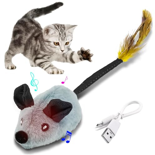 OneNine Katzenspielzeug Elektrisch Spielmaus, Katzenspielzeug Maus, Elektrisches Katzen Spielzeug Mit Federschwanz, Cat Toys, Spielzeug Katze mit USB Kabel für Katzenauslauf und Gegen Langeweile