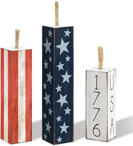 Amyhill 3 Pcs 4th of July Decorations Set Wooden Patriotic Table Centerpieces Independence Day Wood Firework Fourth of July Table Signs for 250th Anniversary Home Farmhouse Decor (Classic Style)