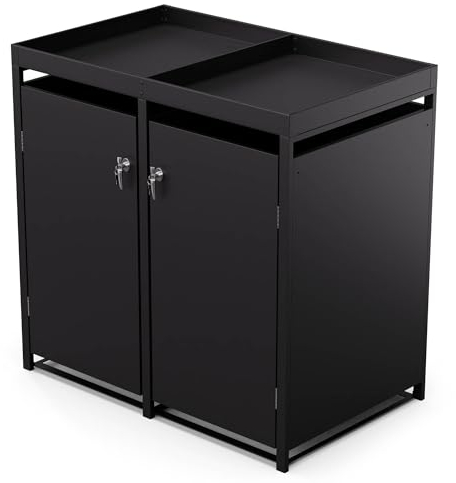 blumfeldt BinSafe Mülltonnenbox – Wetterfest, Verzinkter Stahl, 2 Türen & Pflanzendach, Für 60L/120L/240L Mülltonnen, Abschließbar, Modernes Design, Mülltonnenverkleidung, Schwarz