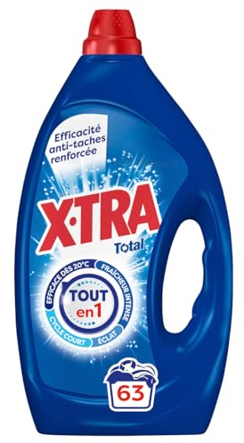 XTRA Total, Lessive Liquide Tout en 1, Efficacite Antitaches Renforcee, Cycle Court, Eclat, Fraicheur Intense et Efficace des 20 degres, 63 Lavages