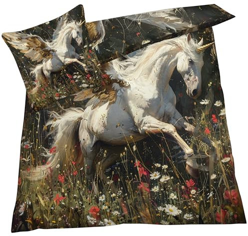 YELDAN Einhorn Bettwäsche 140x200 Winter, Fantasy Bettbezug 140x200 2er Set, Wendebettwäsche und Kissenbezug, Weiche & Atmungsaktive Mikrofaser Bettwäsche-Sets