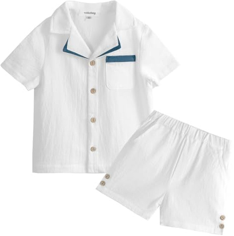 Volunboy Sommardräkter för barn, bomull och linne kortärmad T-shirt och shorts set för nyfödda pojkar 1–4 år, Vit, 3-4 anni
