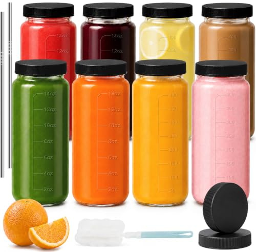 OAMCEG 8 Stück Saftflaschen zum Befüllen, Glasflasche mit Deckel Strohhalme | 480ml/16oz Smoothie Flaschen Glas, Smoothie Becher für Saftpressen und Konservieren, Spülmaschinen, Wiederverwendbare