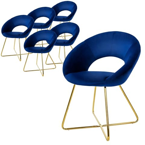 ML-Design Esszimmerstühle 6er Set Blau aus Samt, Wohnzimmerstuhl mit runder Rückenlehne, Polsterstuhl mit goldene Metallbeine, Ergonomische Esstisch Sessel, Küchenstuhl Schalenstuhl Schminktisch Stuhl