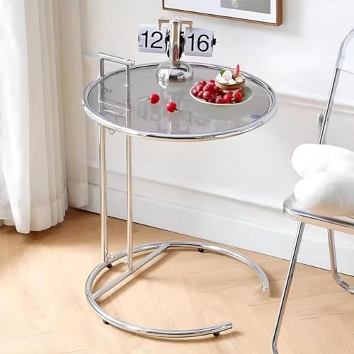 Eiauiuo Beistelltisch Runder Couchtisch C Form Metallbügel Schwarz Sofatisch Höhenverstellbare Glas Couchtisch für Wohnzimmer Schlafzimmer Nachttisch Ø51cm(Optionen 2)