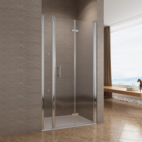 AQUABATOS 114-118 x 195 cm Faltbare Duschtür in Nische Nischentür Dusche Nischenfalttür Falttür mit Festteil rahmenlos Duschwand Glas Duschkabine Eckregalen Duschablagen 6 mm ESG Nano Echtglas klar