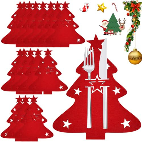 DTYGUIXE Weihnachten Besteckhalter Filz, 16 Stück Weihnachten Bestecktasche Rote Weihnachtsbaum-Besteckhalter Filz Tannenbaum Besteckbeutel Messer Gabel Löffel Bestecktasche Weihnachten Tischdeko