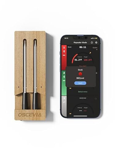 Smart Meat Thermometer, OSCEVIA 2-Probe Bluetooth Food Thermometer with Smart Alert, 262ft Wireless Range, IP67 Waterproof, Magnetic Design for BBQ, Kitchen, Air Fryer, Garden, Oven, Grill, Rotisserie
