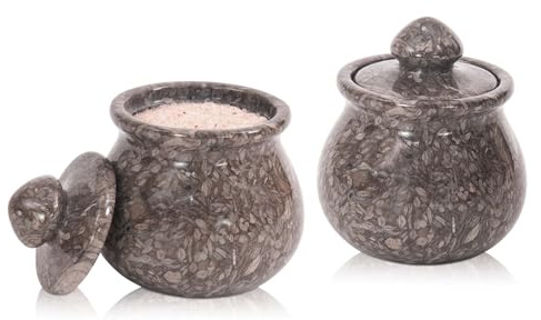 Saltkällare i marmor med lock 8 cm (3,5 tum) salthållare i naturlig havssten, set med 2, snygg bänkburk för kryddor, socker, kryddor, smaktillsatser och matbord