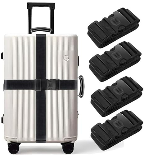 BILIONE 4 Stück Koffergurte für Reisekoffer Kofferband Gurt Set (Schwarz) | Strapazierfähiger Kofferbänder, Verstellbare Gepäckgurte, Premium-Zubehör für Reisetaschen Verschluss