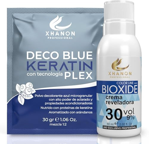 PACK Polvos decolorantes de Cabello + Crema Oxidante - 8 tonos de Aclarado - Decolorante pelo Profesional - Aroma Arándanos - Decoloracion Azul con Tecnología PLEX y Keratina (Sachet) (PACK 30 VOL)