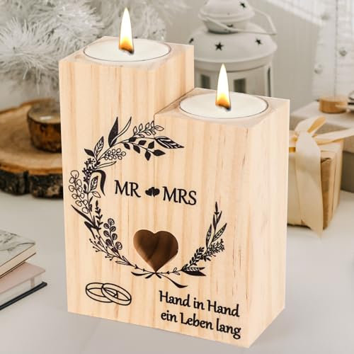 Hochzeitsgeschenke für Brautpaar, Seutgjie Verlobungsgeschenk Kerzenständer Holz Mr und Mrs Hochzeit Deko Personalisiert für Paare Hölzerne Hochzeit Geschenk