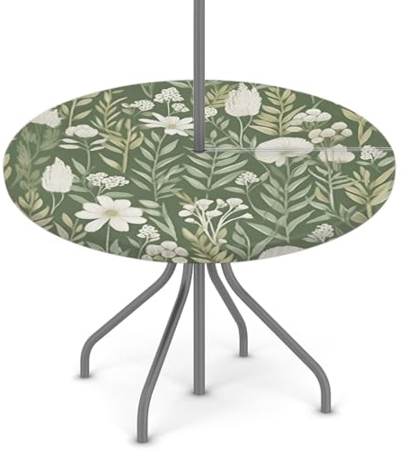 Woltant Nappe ronde avec trou pour parasol et fermeture éclair à essuyer facilement avec bords élastiques - Protection de table pour extérieur, jardin, patio, barbecue (Fleur verte en forme de feuille