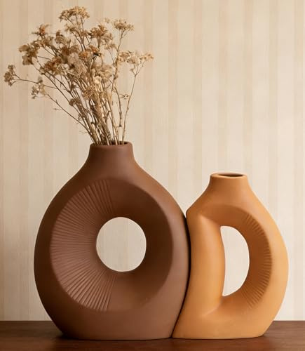 VASETOPIA Set di 2 Vasi in Ceramica, Cava Fiore Vaso in Minimalismo Stile Per Decor, Scaffale, Camera da Letto, Matrimonio (Marrone scuro/Arancione)